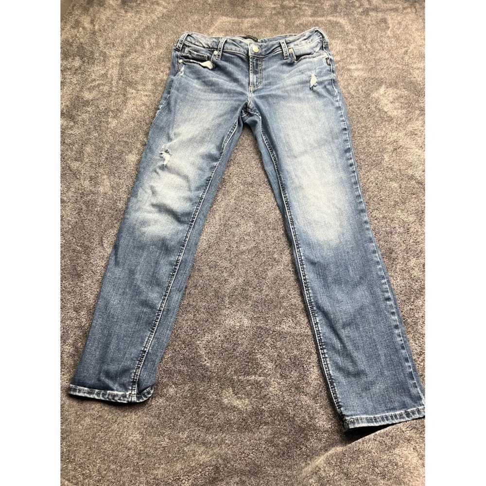 Silver Jeans Elyse Strght Leg Distressed Medium Wash Denim W32 L31 L03403EAE319